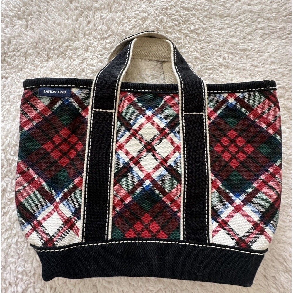 LANDS END 5 Pocket Canvas Tote Navy Red Preppy Plaid Beach Bag Shopper School